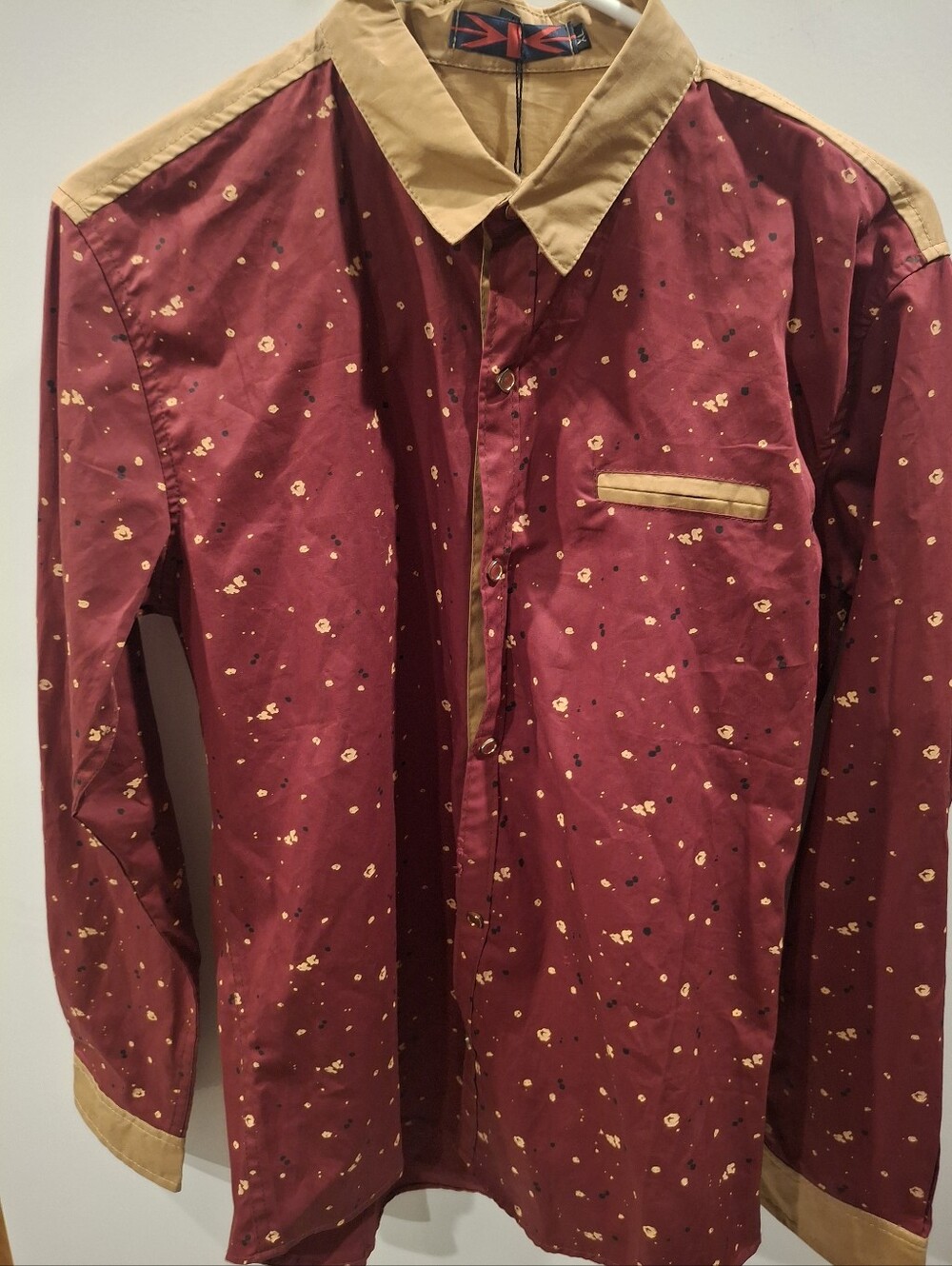 Kid's Burgundy Patterned Casual Shirt with Tan Trim